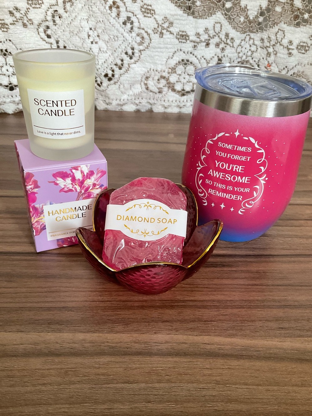 Handmade Diamond Soap & Scented Candle and Inspirational Mug Gift Set - Pink